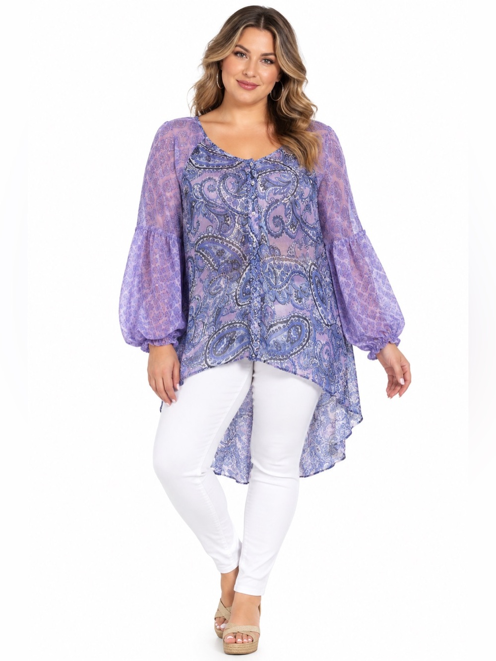 Roaman`s Lavender Paisley Sheer Tunic Button Down High-Low